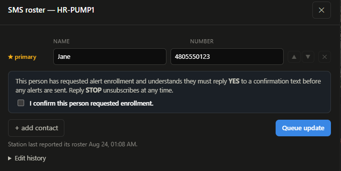 Dashboard enrollment form showing consent language